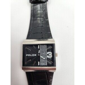 Silver Police Watch Glamor Square black crocodile Leather Band New Battery Works